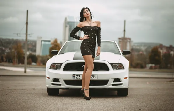 Картинка машина, авто, девушка, поза, фигура, платье, Ford Mustang, Иван Ковалёв