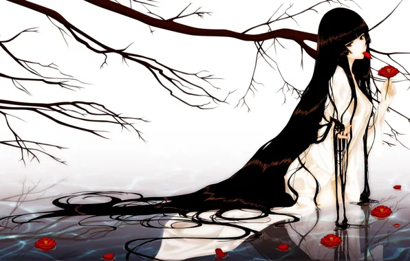 Картинка вода, девушка, цветы, дерево, волосы, ветка, kara no shoujo