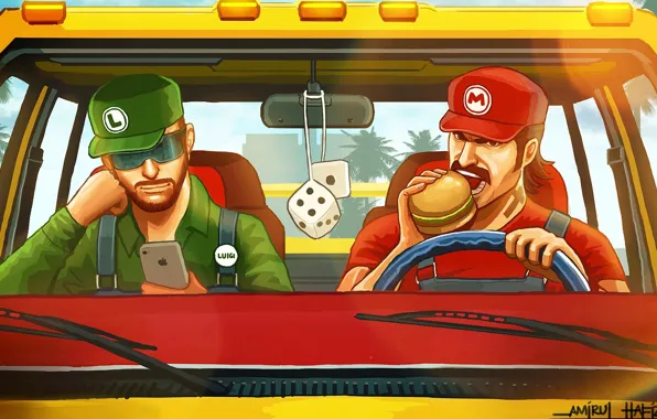 Car, братья, Mario, гамбургер, GTA, айфон, Luigi