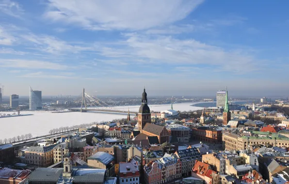Небо, мост, река, архитектура, Рига, Латвия, Riga, Latvia