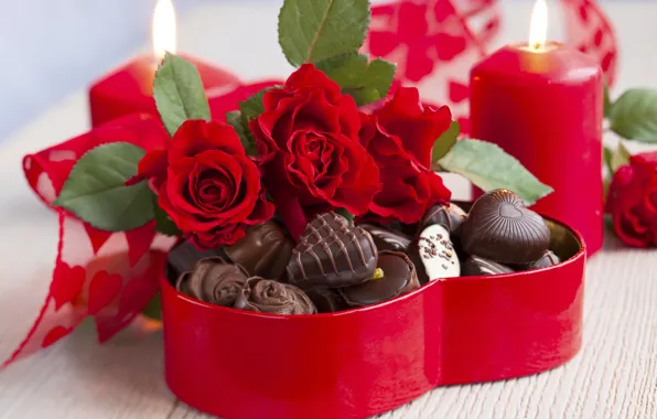 Любовь, цветы, праздник, сердце, шоколад, розы, букет, свечи