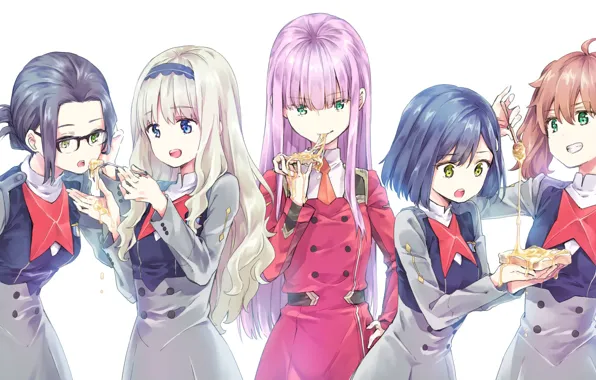 Девочки, еда, аниме, арт, Darling In The Frankxx