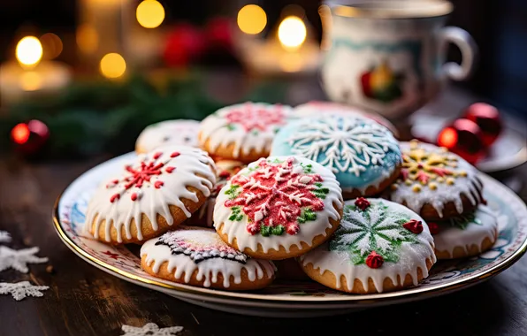 Снежинки, огни, стол, печенье, тарелка, Рождество, кружка, Новый год
