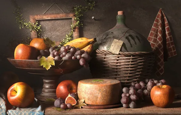 Яблоки, сыр, виноград, кувшин, банан, инжир