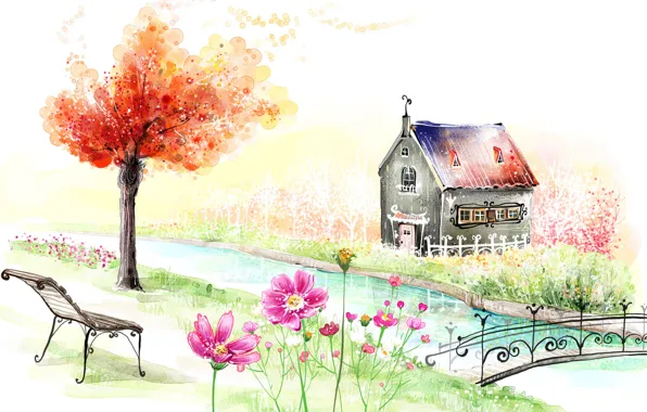 Картинка пейзаж, цветы, скамейка, мост, дом, река, дерево, рисунок