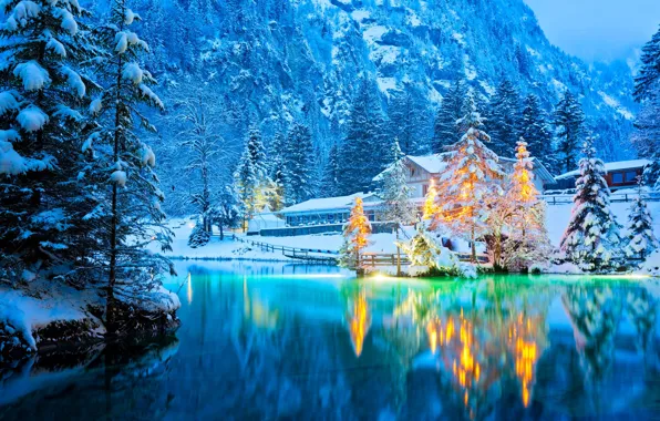 Картинка зима, снег, деревья, пейзаж, горы, природа, озеро, отражение