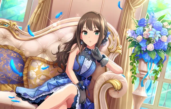 Girl, long hair, dress, legs, brown hair, anime, flowers, beautiful