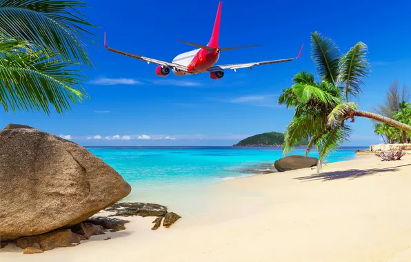 Картинка море, пляж, тропики, Самолет, beach, sea, tropics, летящий над островом