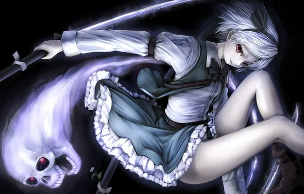 Цветок, девушка, череп, дух, меч, красные глаза, touhou, konpaku youmu