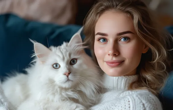 Кошка, белый, кот, взгляд, девушка, поза, улыбка, уют