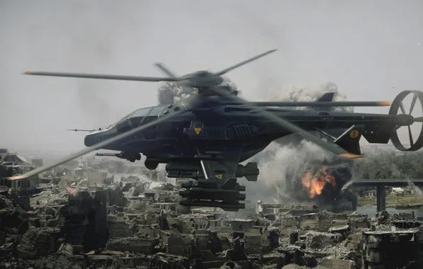Вертолёт, руины, Military helicopter