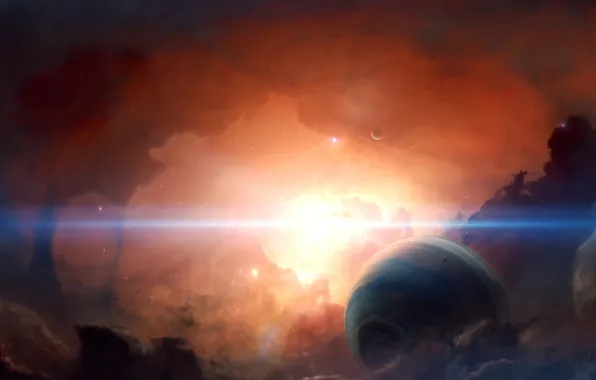 Space, nebula, sun, planet
