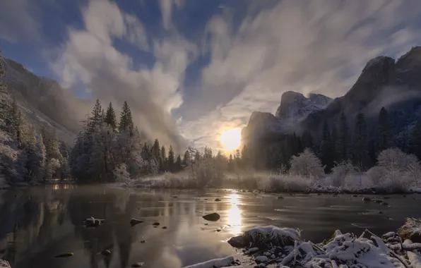 Картинка зима, снег, озеро, рассвет