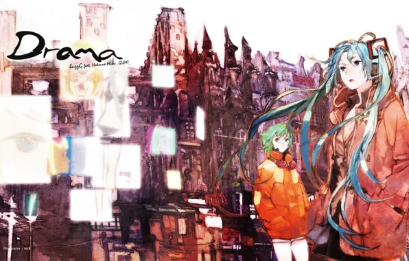 Улица, дома, куртка, vocaloid, Hatsune Miku, длинные волосы, art, Gumi Megpoid
