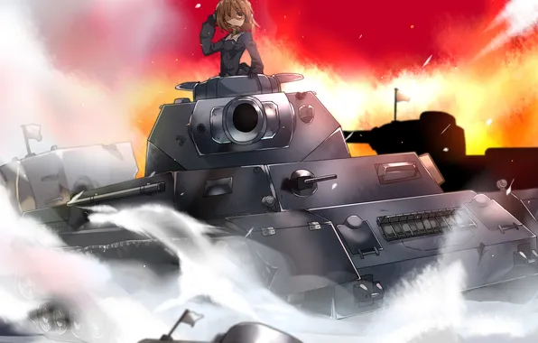 Девушка, оружие, аниме, флаг, арт, танк, форма, girls und panzer