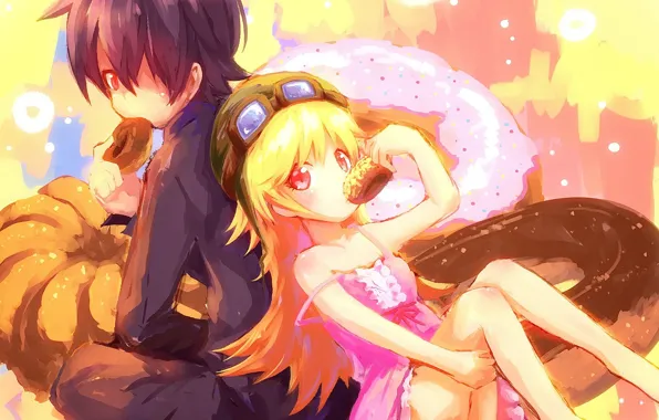 Тыква, пончик, спина к спине, вампирша, Bakemonogatari, Истории Чудовищ, Koyomi Araragi, Shinobu Oshino