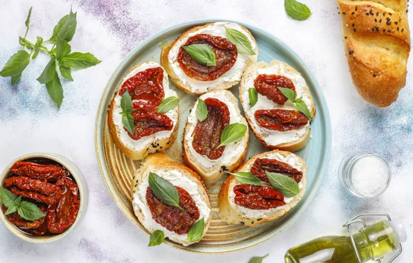 Зелень, листья, масло, сыр, хлеб, миска, светлый фон, помидоры