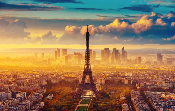Картинка осень, небо, облака, город, Франция, Париж, Эйфелева башня