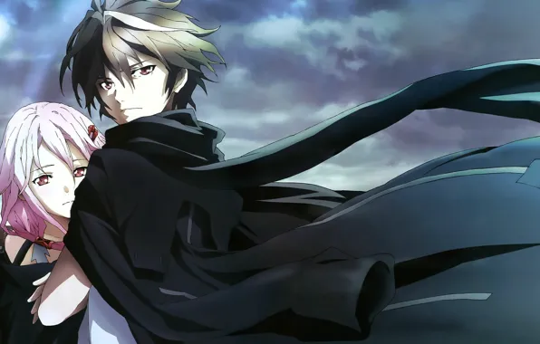 Ветер, шарф, guilty crown, розовые волосы, inori yuzuriha, корона грешника, пасмурное небо, парень с девушкой