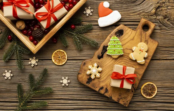Печенье, Рождество, подарки, Новый год, new year, Christmas, wood, cookies