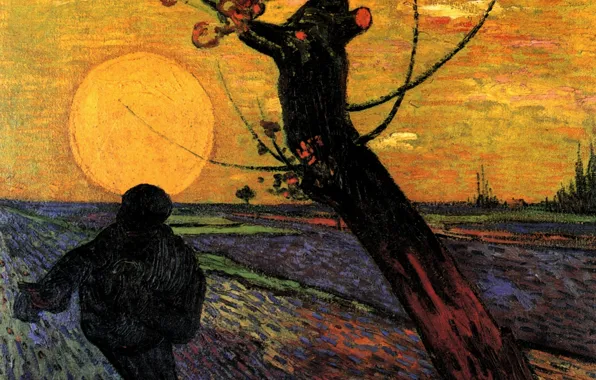 Картинка солнце, дерево, человек, вечер, Винсент ван Гог, The Sower 3