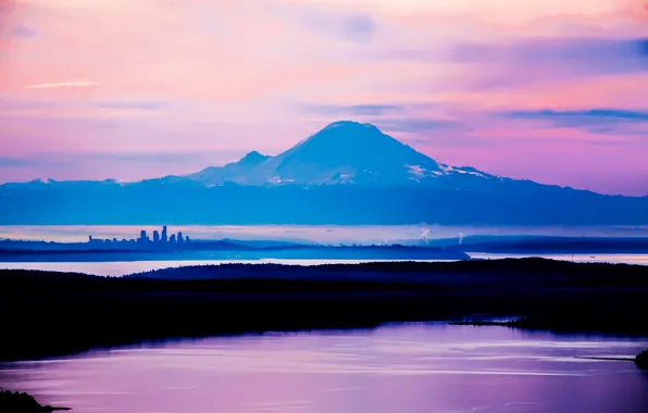 Картинка город, гора, озера, Tiny City, Giant Peak, North Seattle