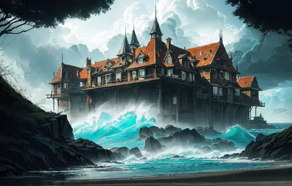 Storm, sea, nature, water, old, architecture, building, illustration