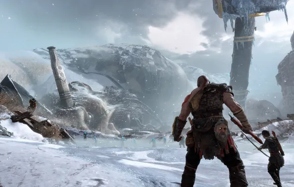 Axe, ice, game, demigod, Kratos, God of War, snow, man
