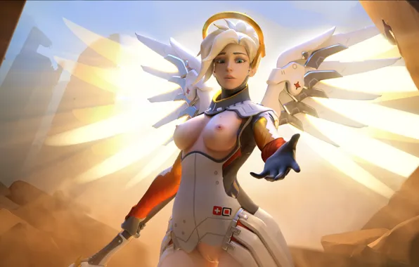 Грудь, Ангел, boobs, персонаж, tits, Overwatch, Mercy, Овервотч