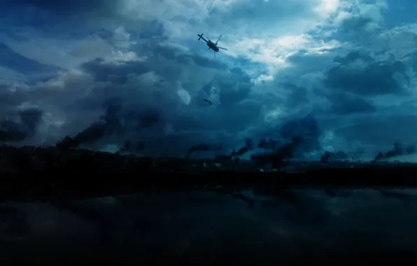 Картинка небо, дым, Вертолет