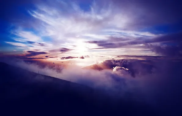 Картинка солнце, облака, закат, горы, высота, склон, лэп