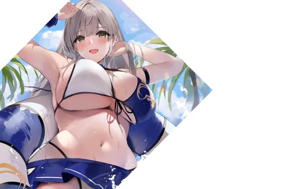 Girl, wet, beach, ocean, anime, pretty, breasts, big boobs