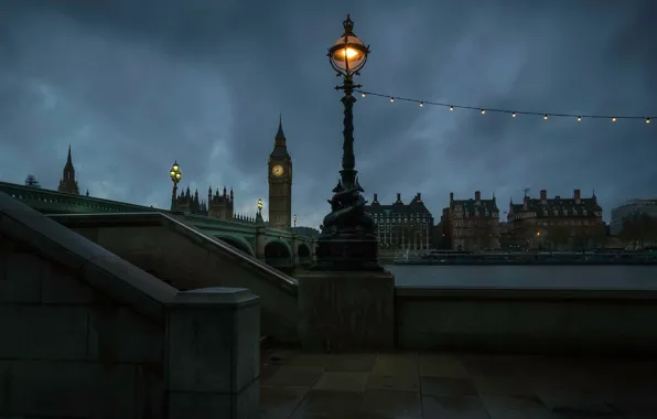 Картинка ночь, мост, огни, река, часы, Англия, Лондон, башня