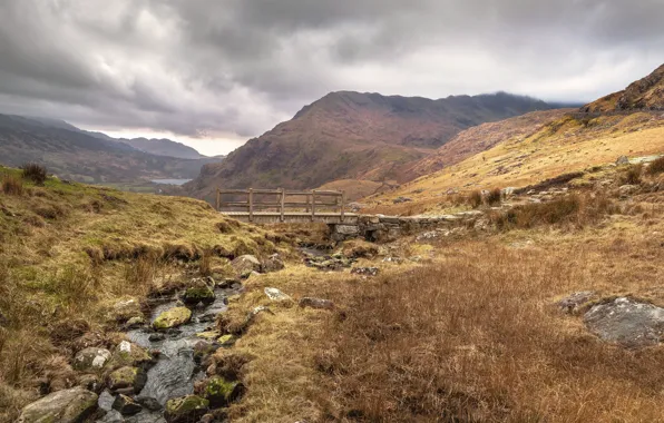 Горы, ручей, мостик, Уэльс, Nant Gwynant