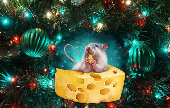 Шары, елка, мышь, сыр, Новый год, New Year, 2020