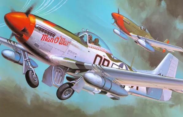 Самолет, истребитель, арт, действия, американский, North American, P-51 Mustang, WW2.