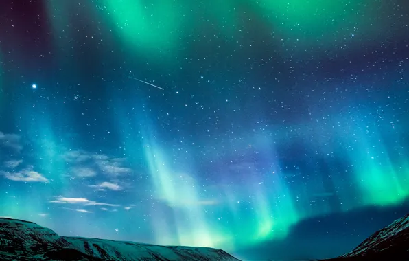 River, mountains, northern lights, meteor, aurora borealis