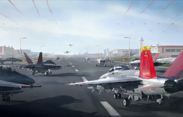 Взлет, McDonnell Douglas F/A-18 Hornet, artwork, американский палубный истребитель-бомбардировщик, DAWN - Animated Aerowar Audioplay, Creditian …