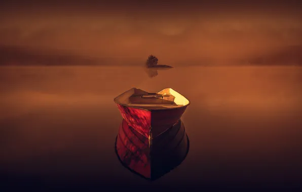 Картинка деревья, лодка, даль, островок