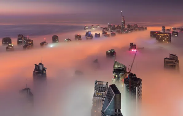 Картинка свет, ночь, город, туман, вечер, Дубай, ОАЭ