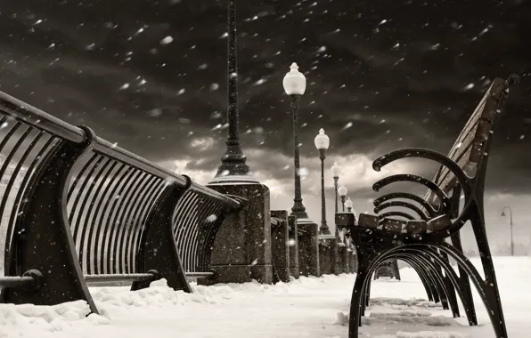 Картинка зима, снег, город, Канада, фонари, Монреаль, Canada, скамейки