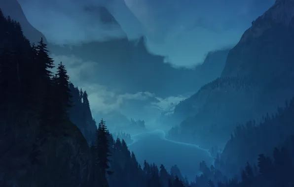 Картинка лес, горы, ночь, туман, ведьмак 3 дикая охота
