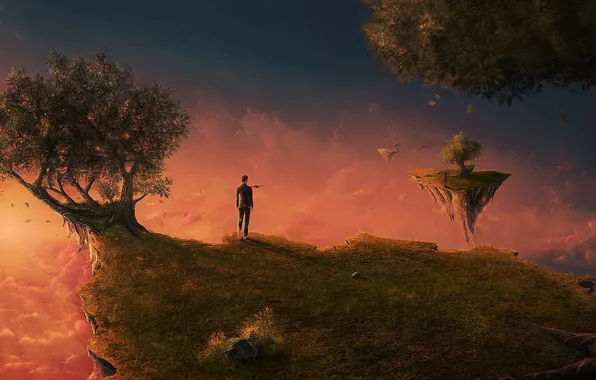 Картинка острова, облака, деревья, закат, пространство, рассвет, человек, сон