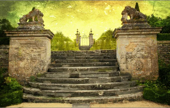 Парк, рендеринг, Франция, ворота, лестница, скульптуры, château de Canon, замок де Канон