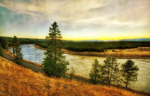 Картинка трава, пейзаж, природа, парк, река, HDR, США, Wyoming