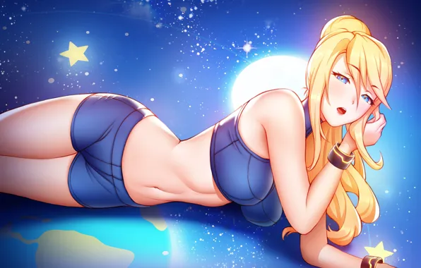 Картинка anime, blue eyes, blonde, big boobs, belly, Samus Aran, anime girls, lying on side