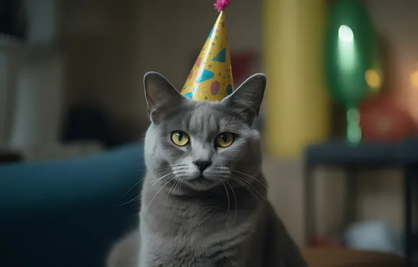 Кошка, кот, взгляд, поза, серый, комната, мордашка, колпак
