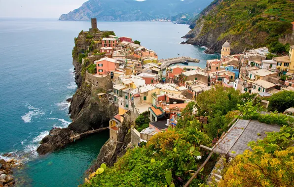 Море, скалы, побережье, дома, Италия, Italy, Cinque Terre, Чинкве-Терре