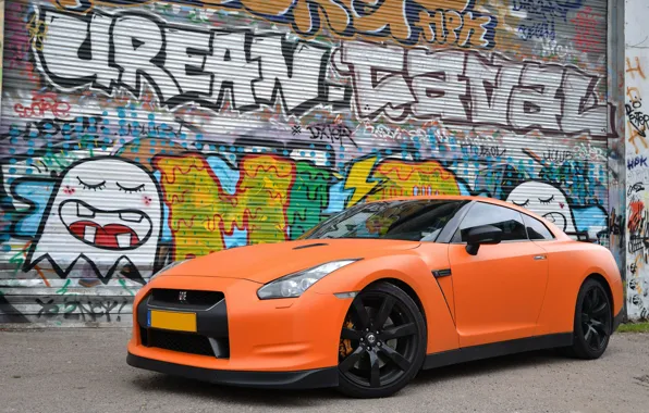 Картинка nissan, graffiti, gtr, matte, ornge