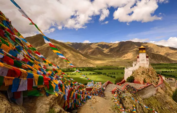 Горы, башня, Китай, Тибет, дворец, Yungbulakang Palace